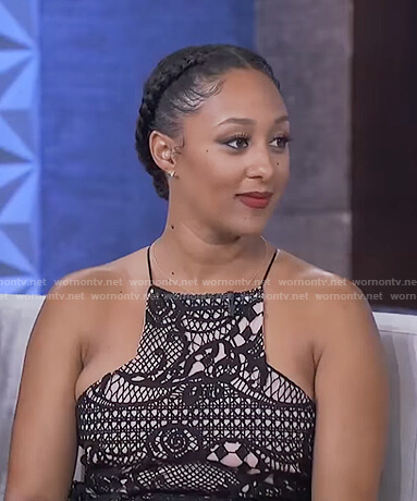 Tamera's black halter neck lace dress on The Real