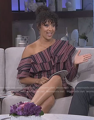 Tamera's red and blue striped one shoulder dress on The Real