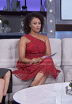 Tamera's red one-shoulder lace dress on The Real