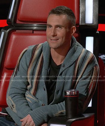 Adam Levine's blue patterned cardigan on The Voice