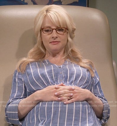 Bernadette's blue striped maternity tunic top on The Big Bang Theory