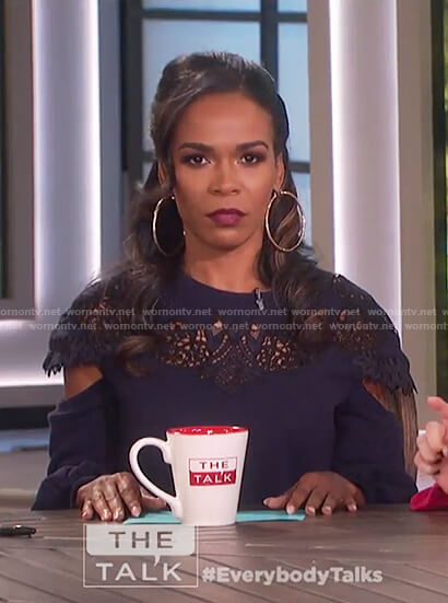 Michelle Williams's blue lace inset sweater top on The Talk