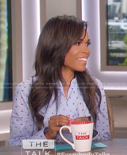 Michelle Williams's blue print ruffle front dress on The Talk