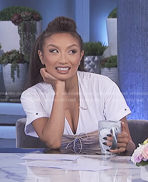 Jeannie's brown and white gathered front dress on The Real