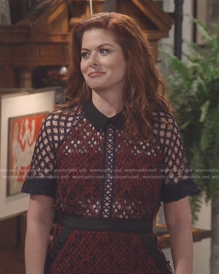 Grace's burgundy and black lace dress on Will and Grace
