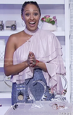 Tamera's pink one shoulder ruffle top on The Real