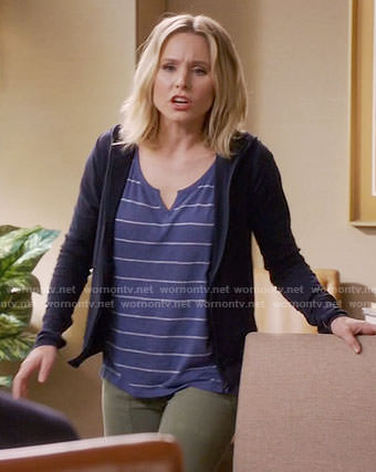 Eleanor's blue striped split-neck tee on The Good Place