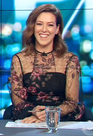 Gorgi's black lace embroidered floral dress on The Project