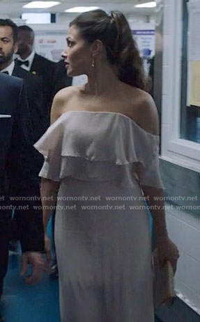 Emily's blush off-shoulder ruffled gown on Designated Survivor