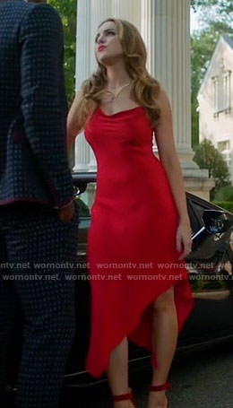 Fallon's red asymmetric slinky dress on Dynasty