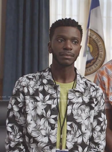Jermaine's black and white floral print jacket on The Mayor