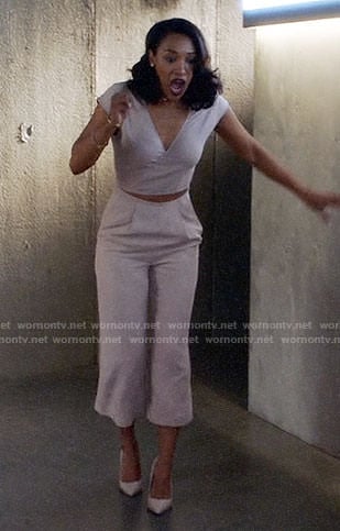 Iris's mauve two-piece jumpsuit on The Flash
