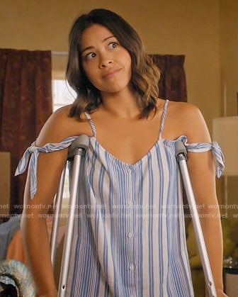 Jane's blue striped tie-sleeve dress on Jane the Virgin