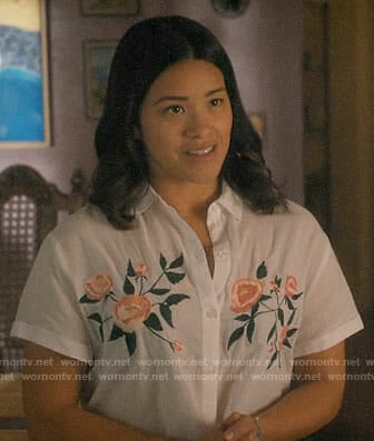 Jane's white shirt with embroidered flowers on Jane the Virgin