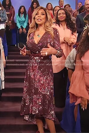 Wendy's maroon floral print v-neck dress on The Wendy Williams Show