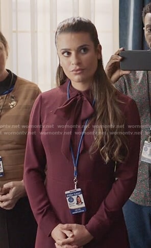 Valentina's burgundy bow neck dress on The Mayor