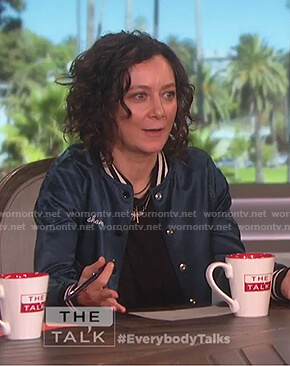Sara's metallic blue shameless bomber jacket on The Talk