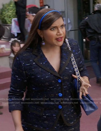 Mindy's blue tweed skirt suit on The Mindy Project