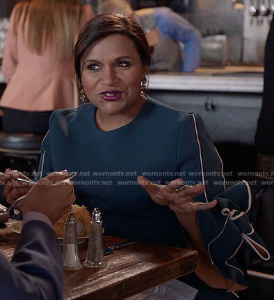 Mindy's teal green bow sleeve dress on The Mindy Project