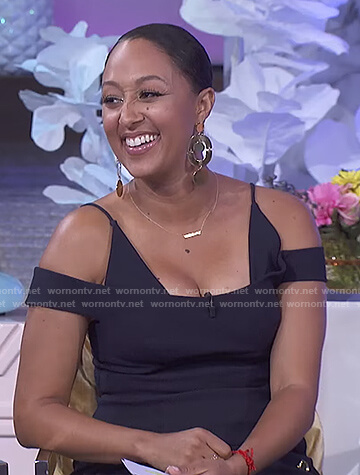 Tamera's navy cold shoulder button detail dress on The Real