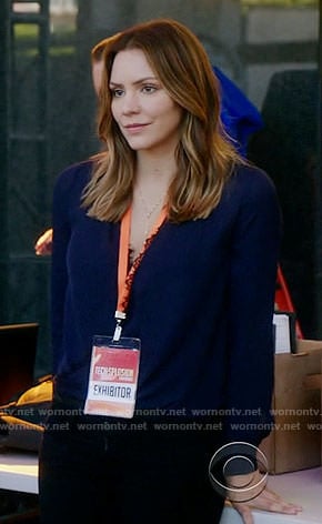 Paige's navy lace-trim blouse on Scorpion