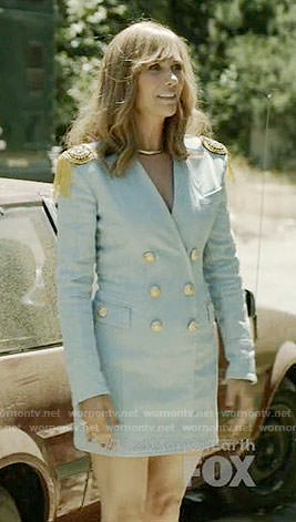 Pamela's blue double-breasted dress on Last Man on Earth