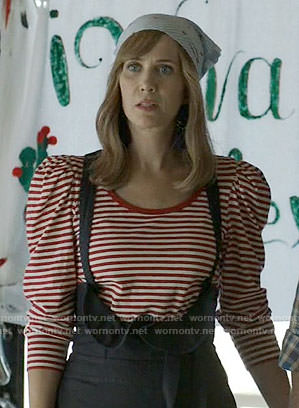 Pamela's red striped puff-sleeve top on Last Man on Earth