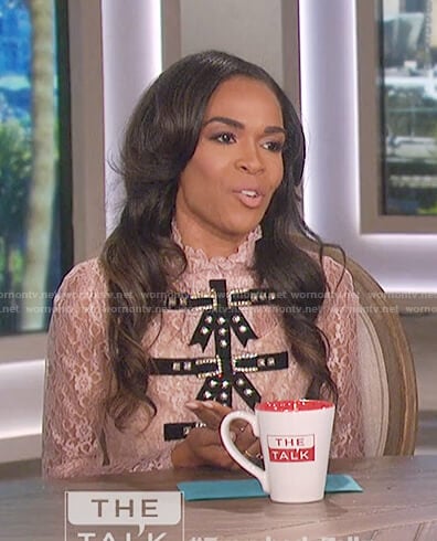 Michelle Williams's pink lace embellished bow front top on The Talk