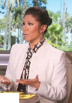 Julie's black and white neck tie top on The Talk