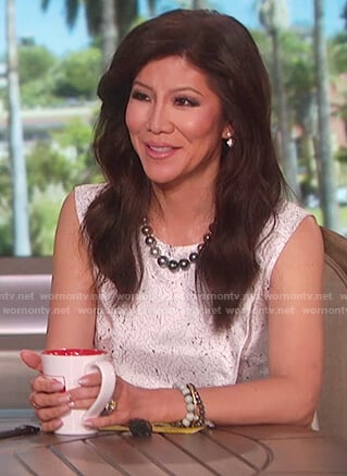 Julie's white sleeveless printed top on The Talk