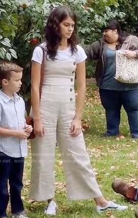 Sabrina's beige button-front jumpsuit on The Mick