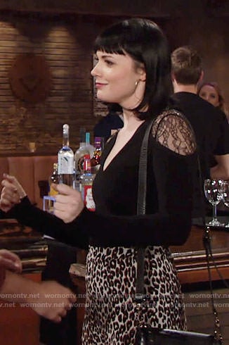 Tessa's black lace-shoulder top and leopard print pants on The Young and the Restless