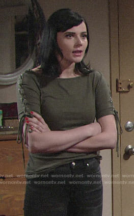 Tessa's green top with lace-up sleeves on The Young and the Restless
