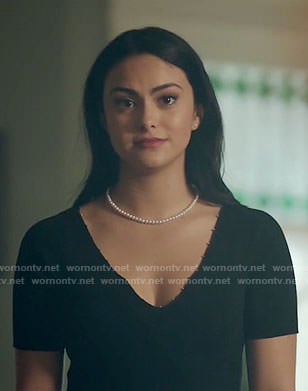 Veronica's black beaded trim top and plaid skirt on Riverdale