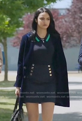 Veronica's navy top with green trim and buttoned front skirt on Riverdale