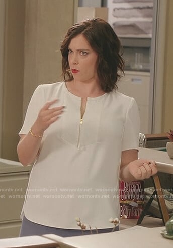 Rebecca's white zip front top on Crazy Ex-Girlfriend