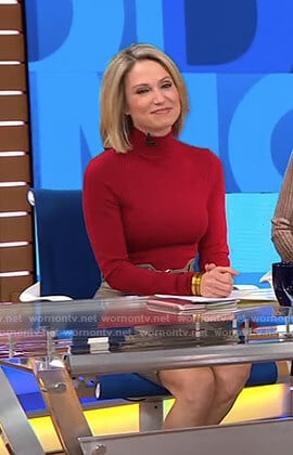 Amy's red turtleneck top and plaid skirt on Good Morning America