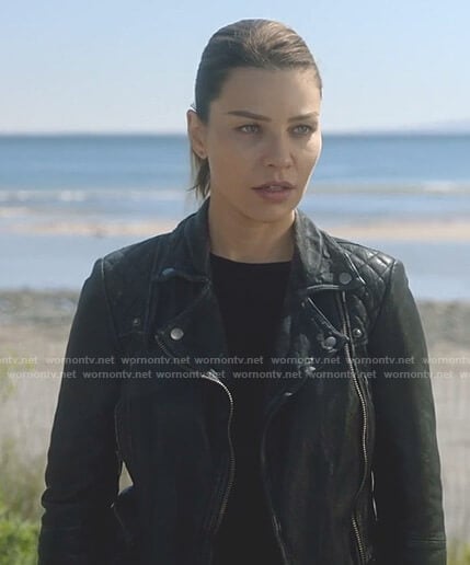Chloe's black moto jacket on Lucifer