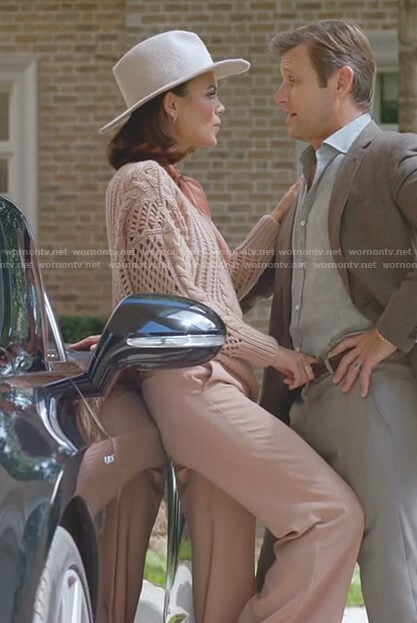 Cristal's pink cable knit sweater and wide-leg pants on Dynasty