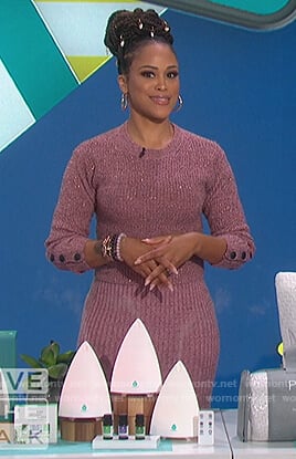 Eve's metallic pink sweater and ribbed midi skirt on The Talk