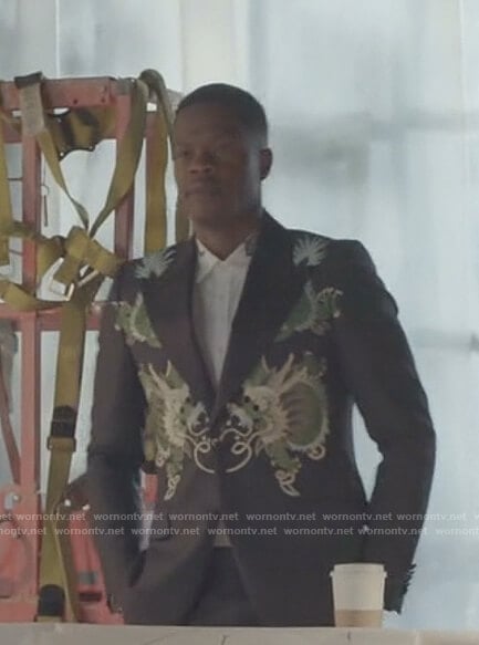 Jeff's white tiger collar shirt and embroidered dragon jacket on Dynasty