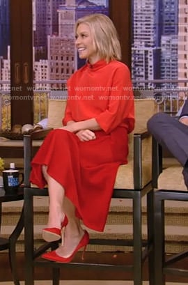 Kelly's red mock neck top and midi skirt on Live with Kelly and Ryan