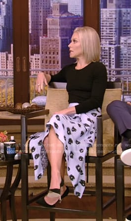 Kelly's blue floral asymmetric skirt on Live with Kelly and Ryan