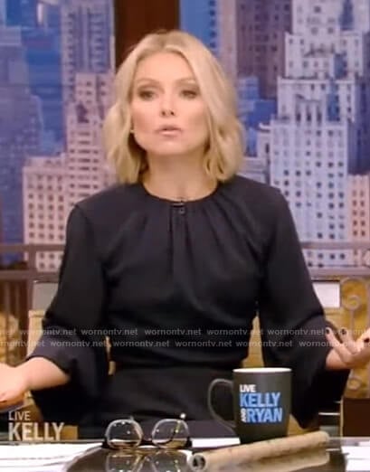 Kelly's gathered neck asymmetric hem midi dress on Live with Kelly and Ryan