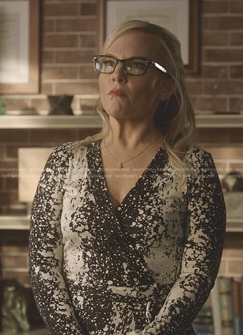 Linda's black and white paint splash wrap dress on Lucifer