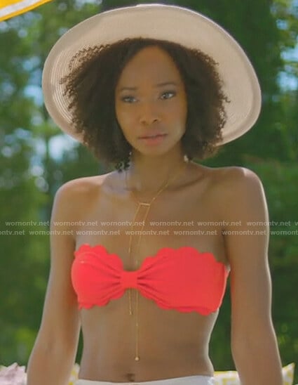 Monica's red scalloped bikini top on Dynasty