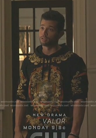 Sam's black printed hoodie on Dynasty