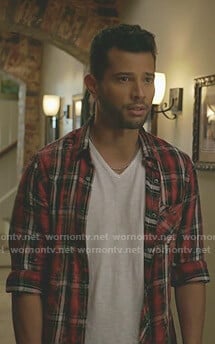 Sam's red distressed plaid shirt on Dynasty
