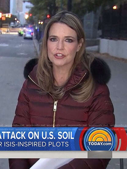 Savannah's burgundy hooded down coat on Today
