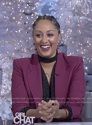 Tamera's black choker neck top and purple suit on The Real